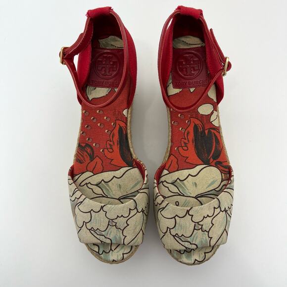 Tory Burch Platform Wedge Espadrilles Sandals Red Floral Open-Toe | Size: 8M - Picture 3 of 13